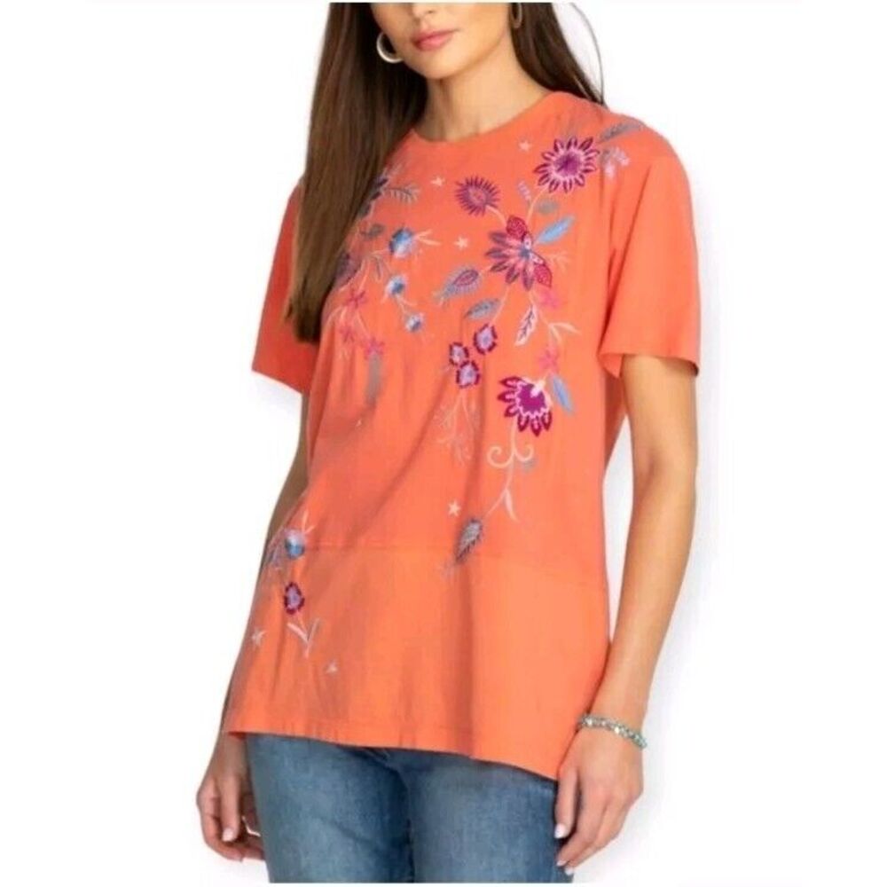 Johnny‎ Was Phoebe Seamed Relaxed Tee T-Shirt XS Coral Embroidered Cotton Top
